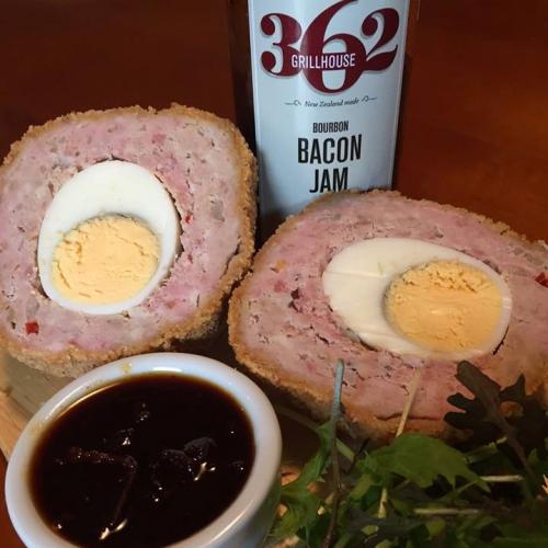 bourbon bacon jam with scotch eggs and salad 2