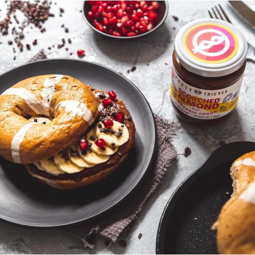 scorched almond bagels and bananas